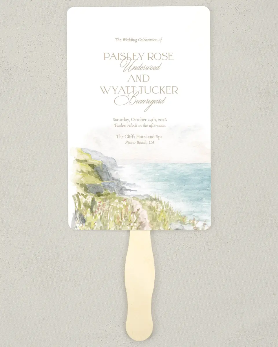 This is a 5" x 7⅞" Wedding Program Fan called Kensington printed in full color on Premium Smooth paper