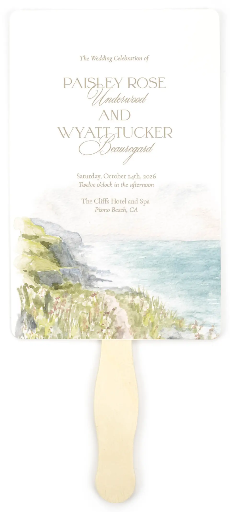 This is a 5" x 7⅞" Wedding Program Fan called Kensington printed in full color with Gold foil on Luxe Satin (coated) paper