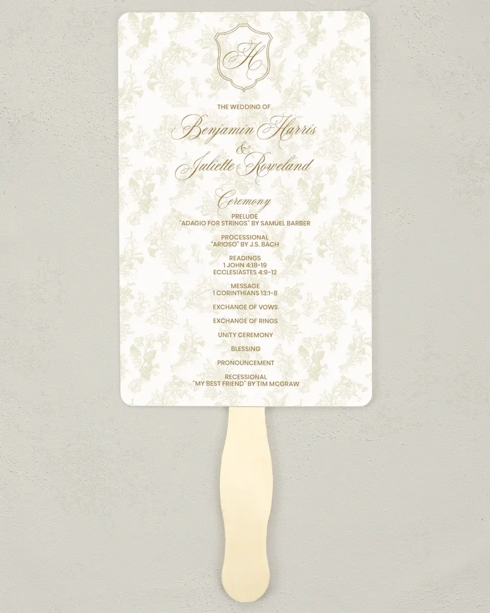 This is a 5" x 7⅞" Wedding Program Fan called Wayzata printed in full color with Silver foil on Luxe Satin (coated) paper