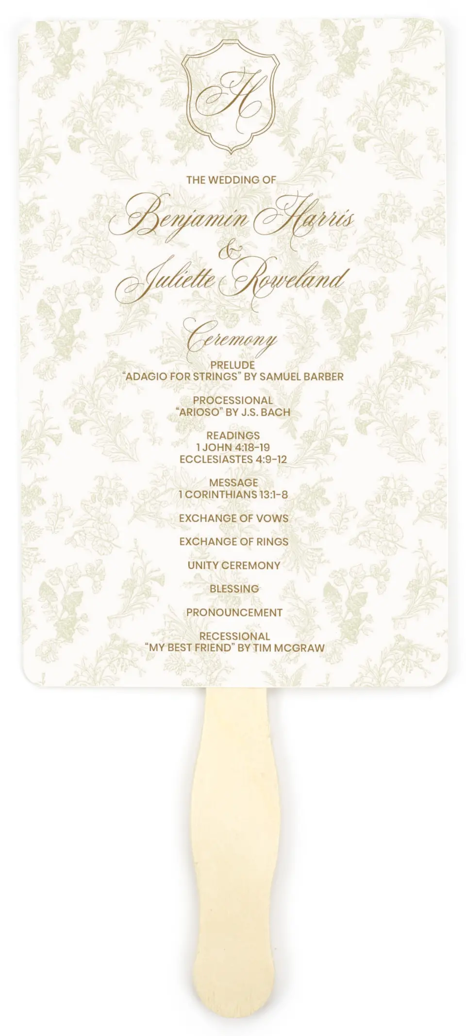 This is a 5" x 7⅞" Wedding Program Fan called Wayzata printed in full color on Premium Smooth paper