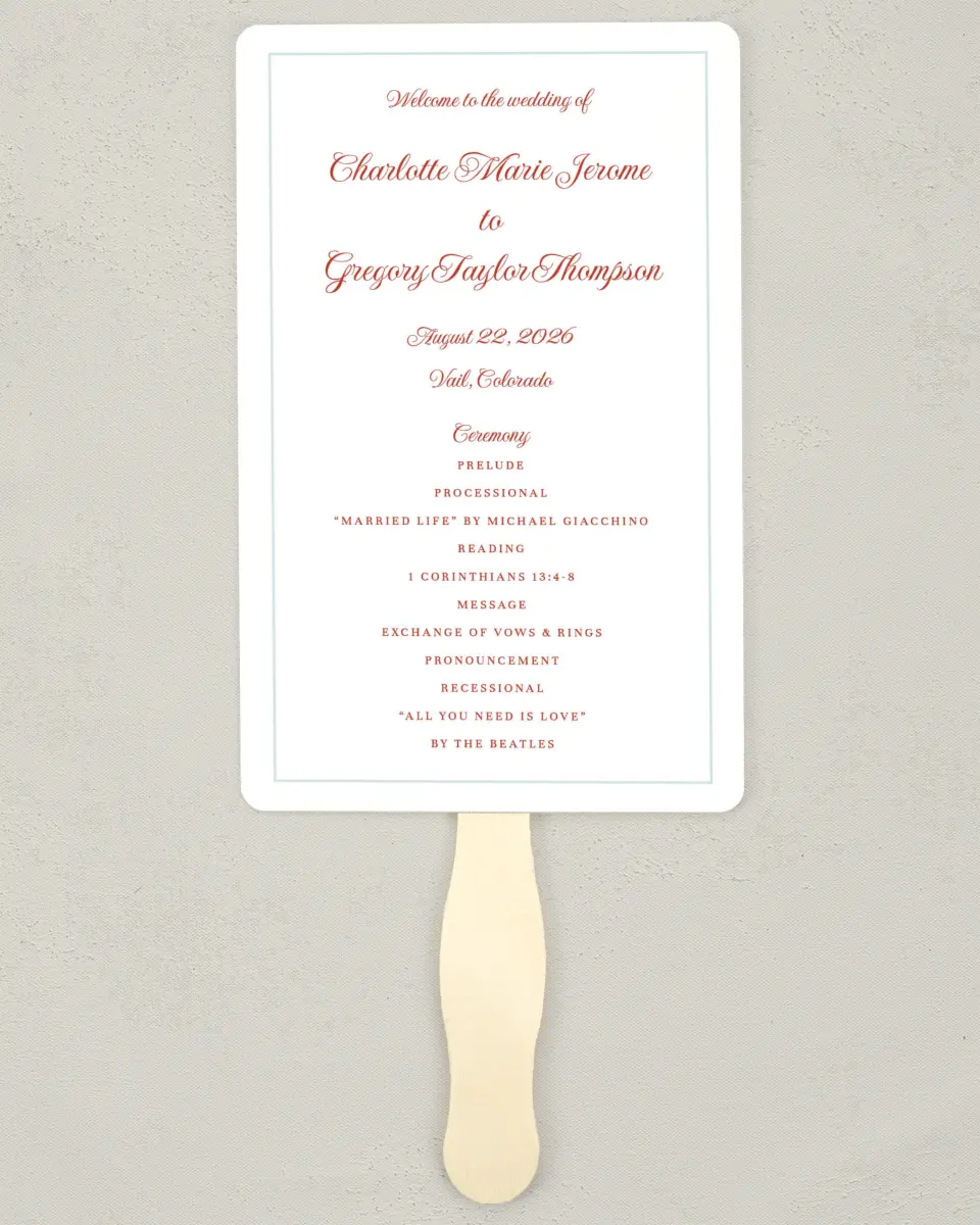 This is a 5" x 7⅞" Wedding Program Fan called Mod Elegance printed in full color on Premium Smooth paper