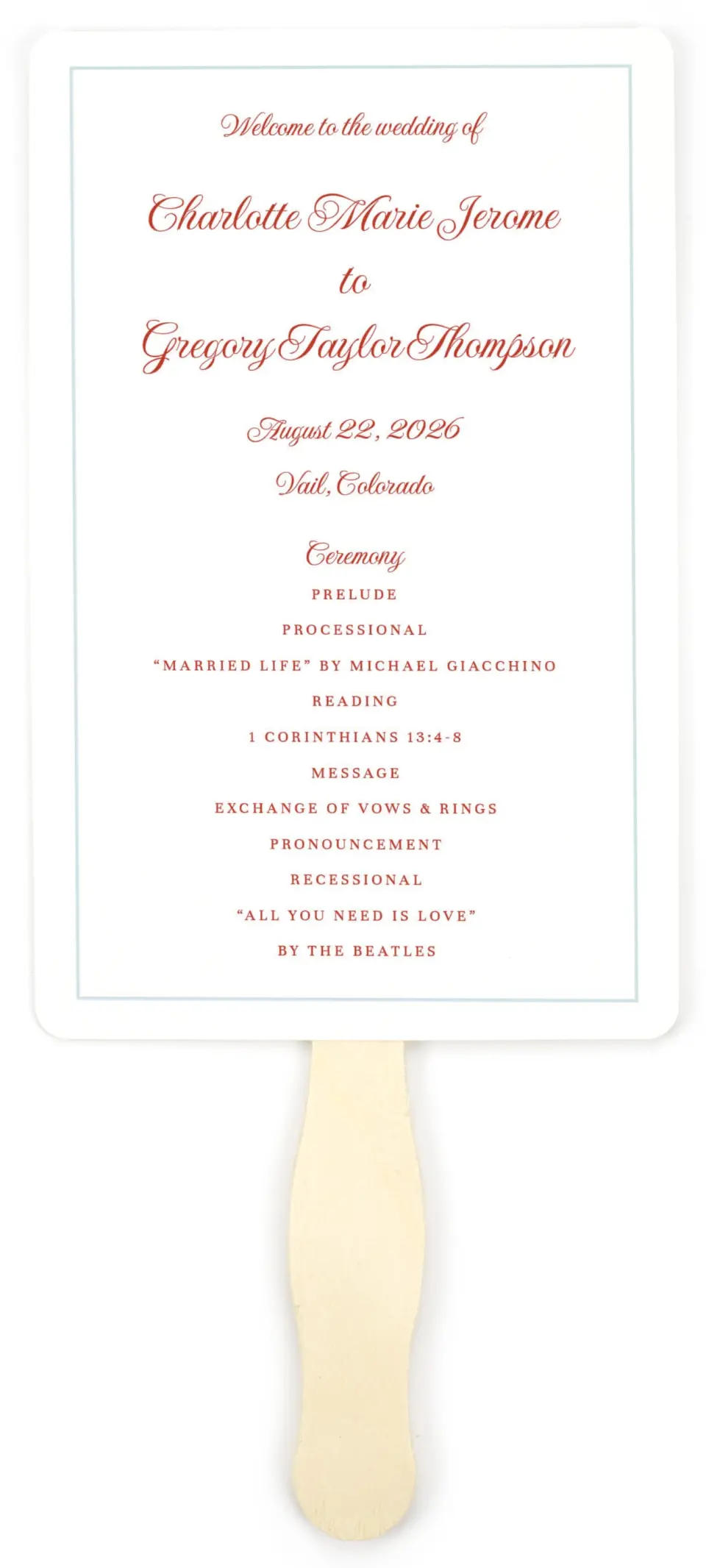 This is a 5" x 7⅞" Wedding Program Fan called Mod Elegance printed in full color on Premium Smooth paper