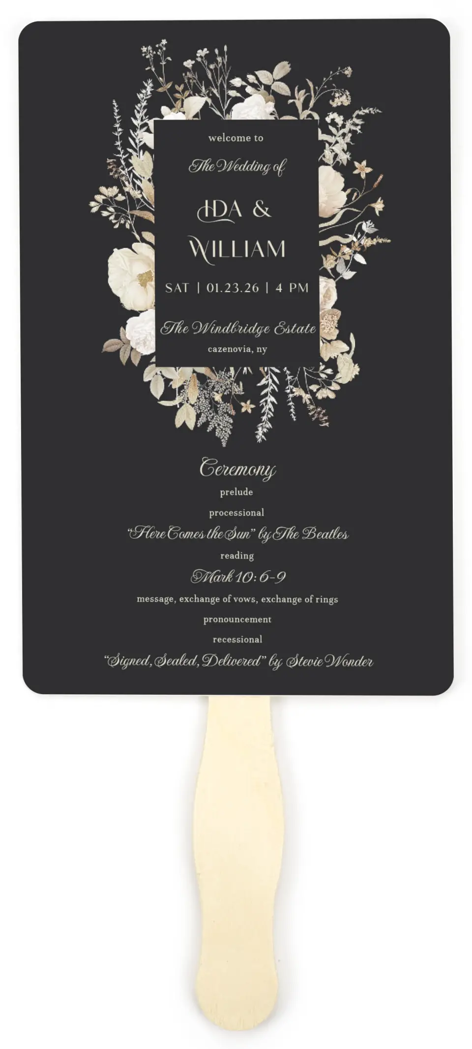 This is a 5" x 7⅞" Wedding Program Fan called Winter Wildflowers printed in full color on Premium Smooth paper