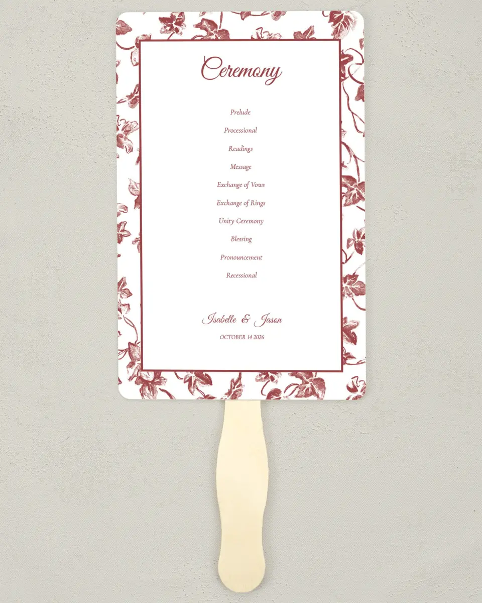 This is a 5" x 7⅞" Wedding Program Fan called Elegant Autumn printed in full color on Premium Smooth paper