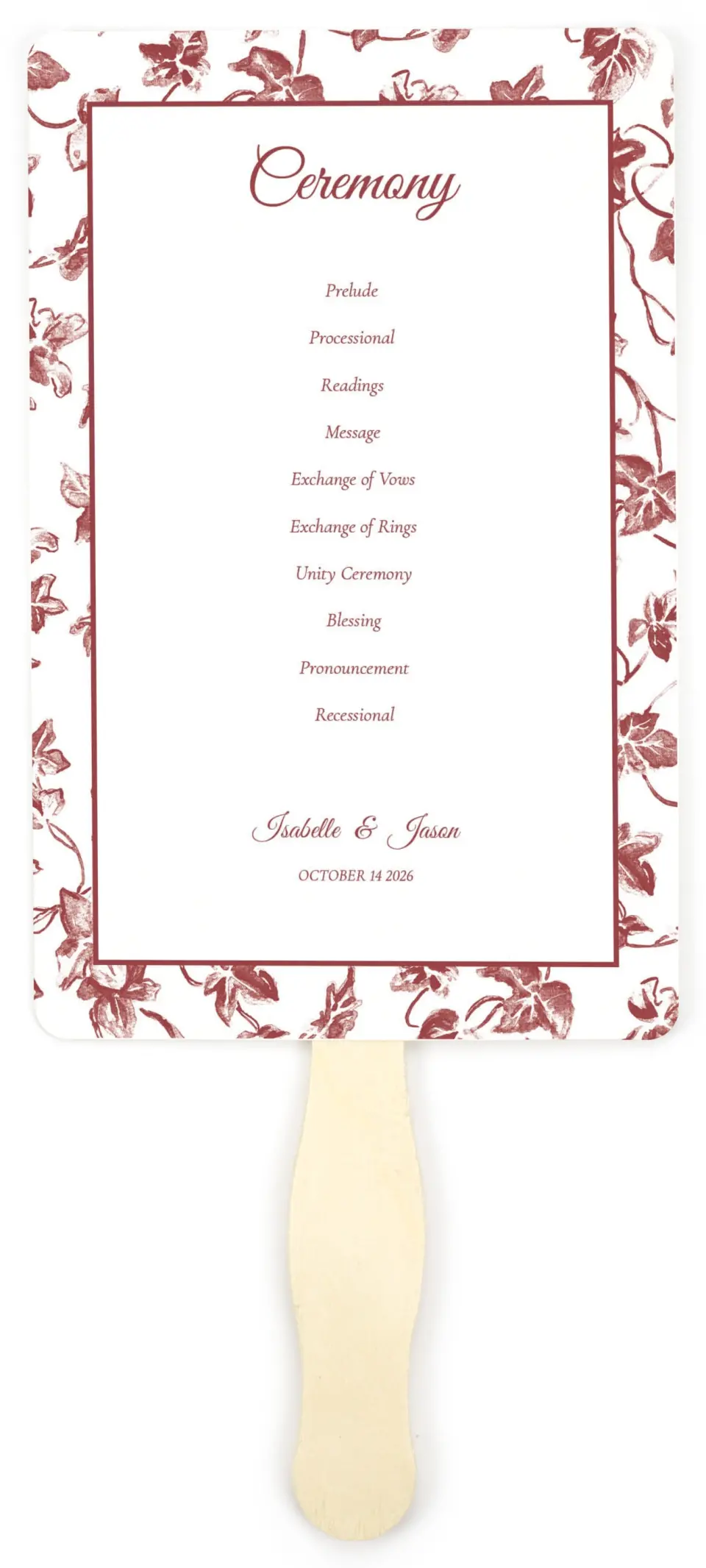 This is a 5" x 7⅞" Wedding Program Fan called Elegant Autumn printed in full color with Gold foil on Luxe Satin (coated) paper