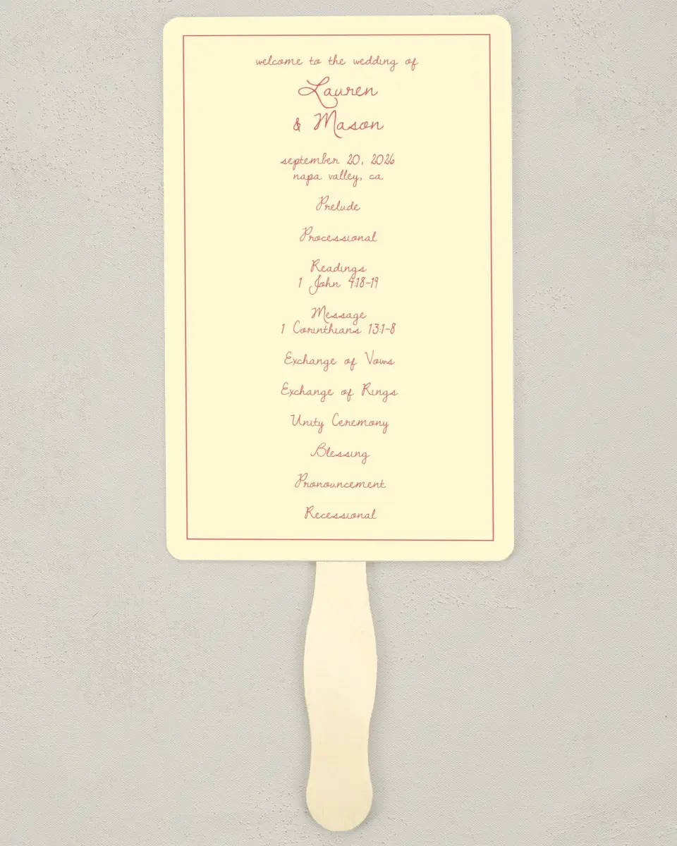 This is a 5" x 7⅞" Wedding Program Fan called Forever Bud printed in full color on Premium Smooth paper