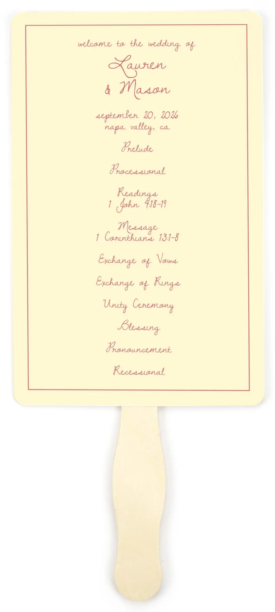 This is a 5" x 7⅞" Wedding Program Fan called Forever Bud printed in full color on Premium Smooth paper