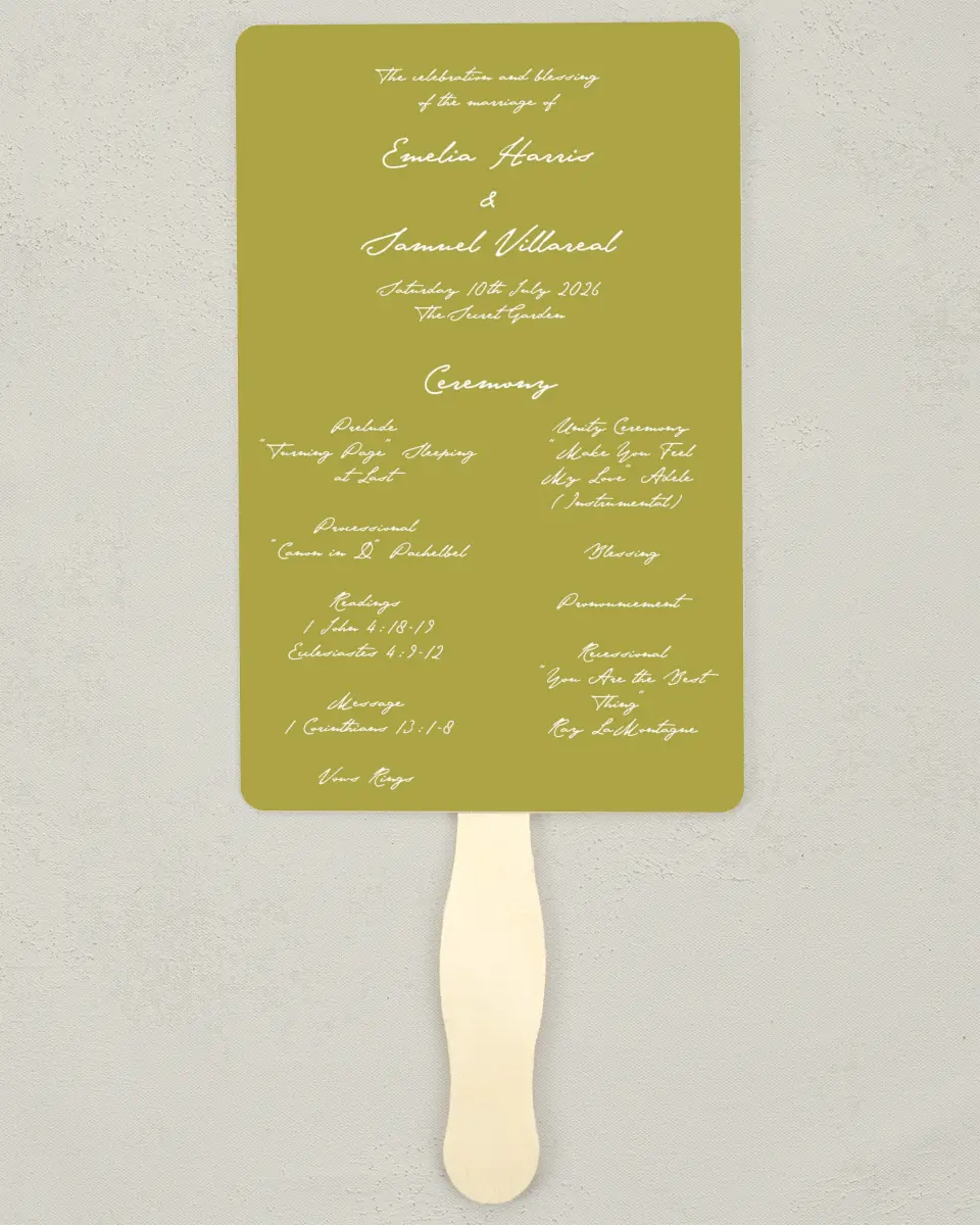 This is a 5" x 7⅞" Wedding Program Fan called With Love printed in full color on Premium Smooth paper