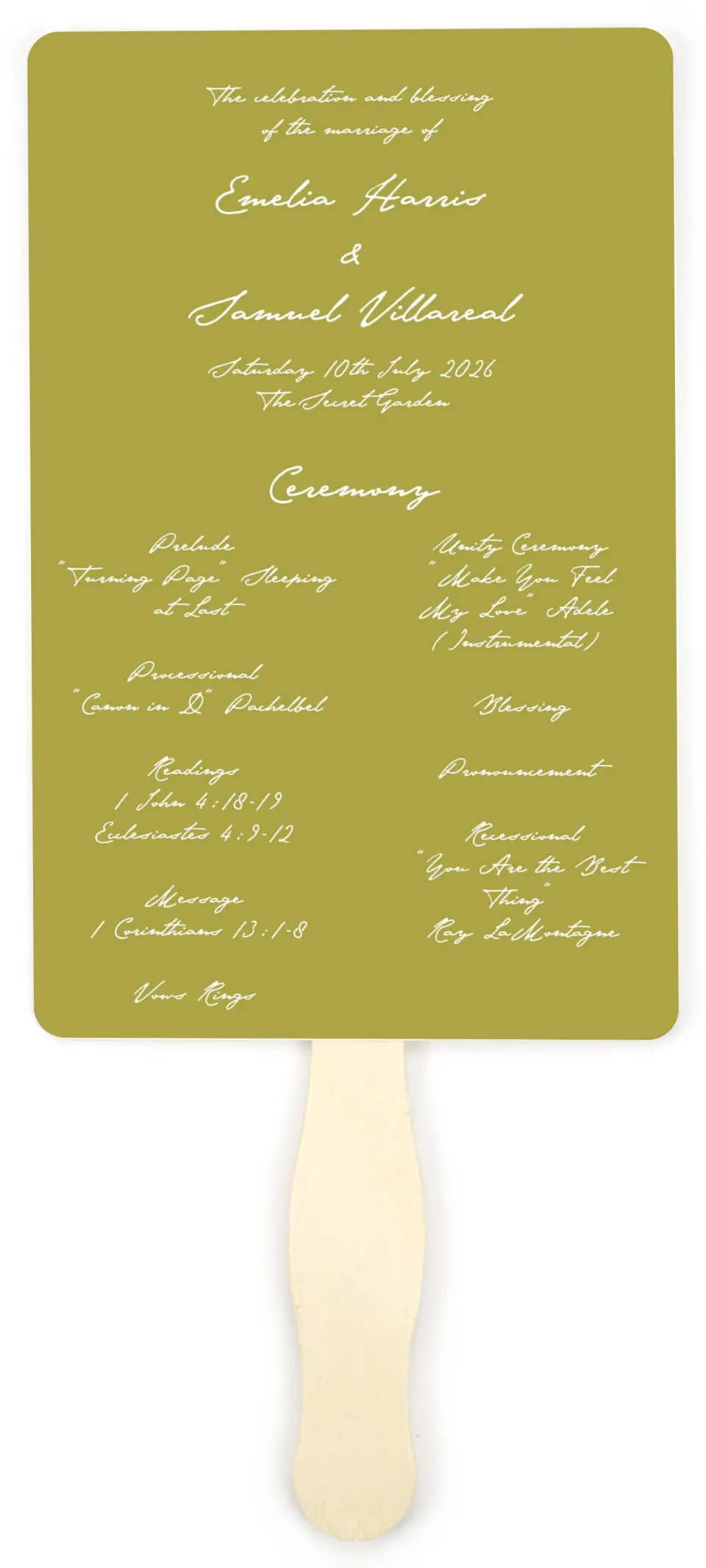 This is a 5" x 7⅞" Wedding Program Fan called With Love printed in full color on Premium Smooth paper