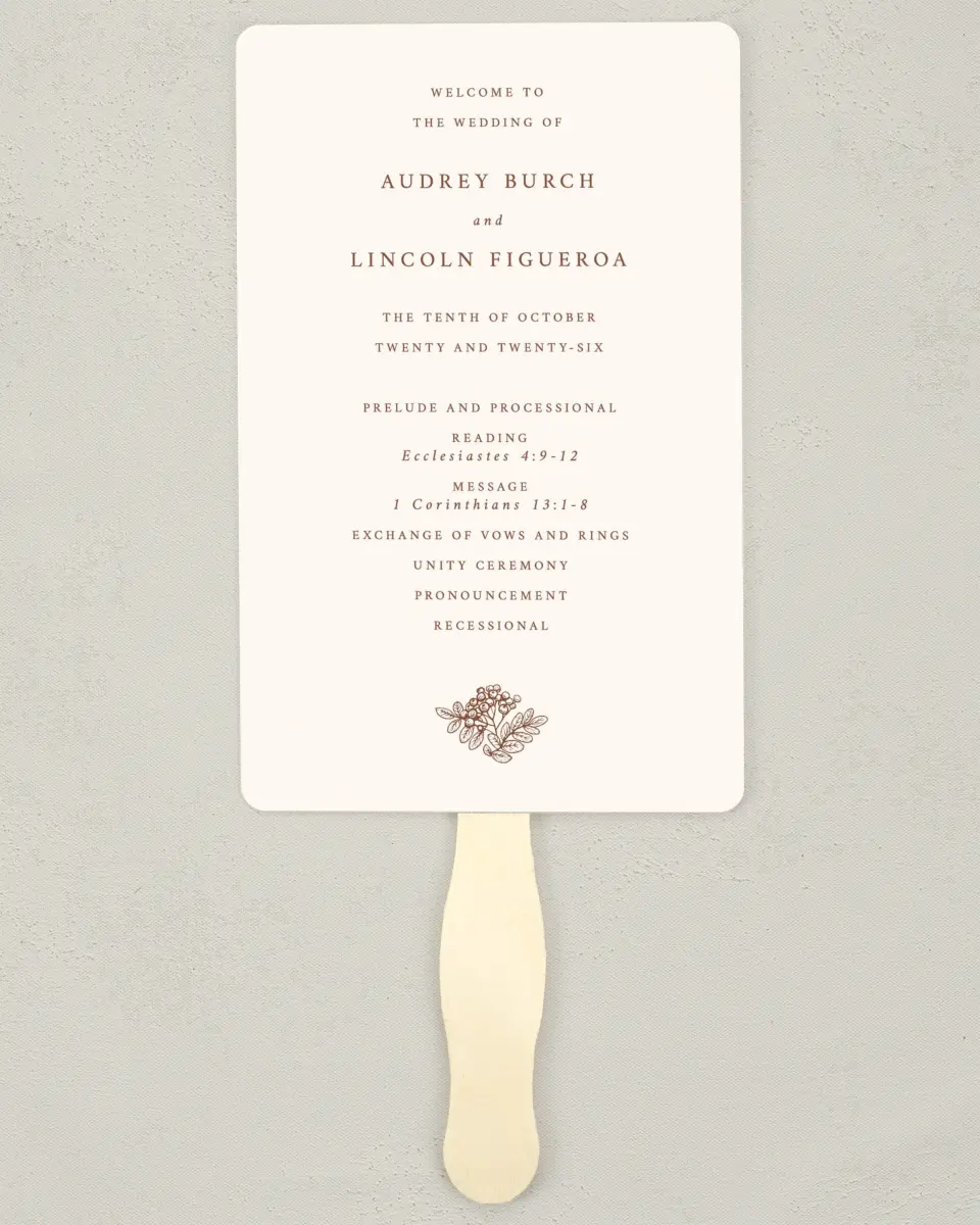 This is a 5" x 7⅞" Wedding Program Fan called Autumn Vow printed in full color on Premium Smooth paper