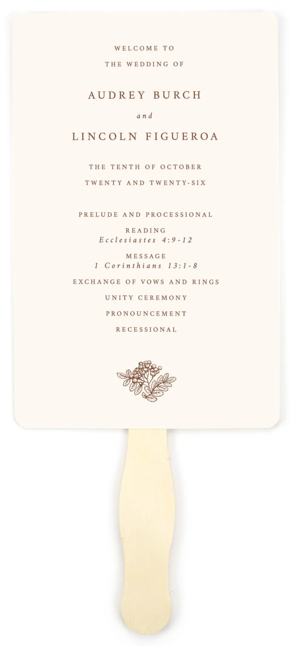 This is a 5" x 7⅞" Wedding Program Fan called Autumn Vow printed in full color on Premium Smooth paper