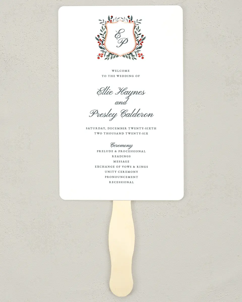 This is a 5" x 7⅞" Wedding Program Fan called Heirloom Holly printed in full color on Premium Smooth paper