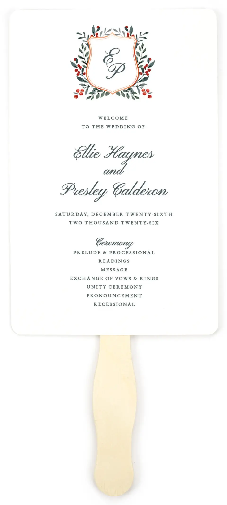 This is a 5" x 7⅞" Wedding Program Fan called Heirloom Holly printed in full color on Premium Smooth paper
