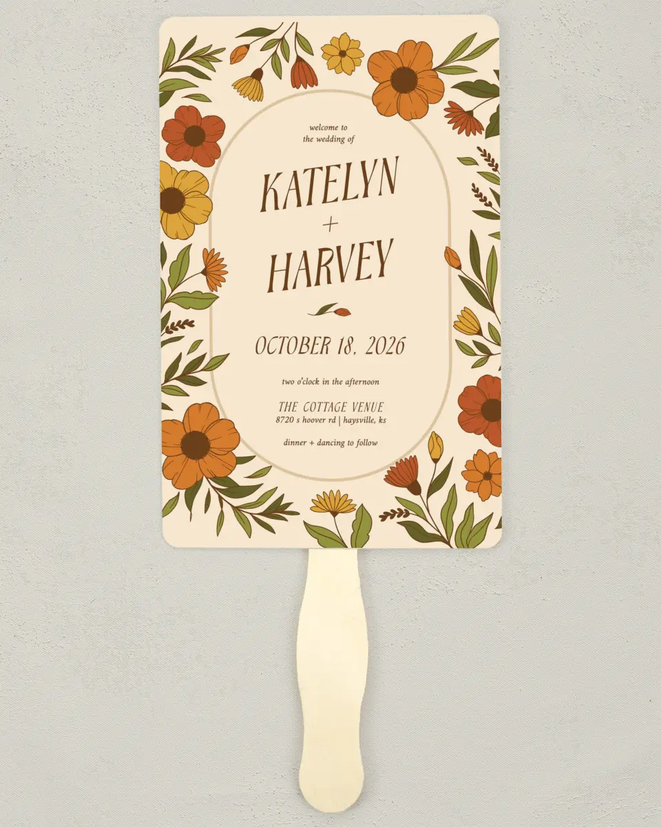 This is a 5" x 7⅞" Wedding Program Fan called Wild + Bright printed in full color on Premium Smooth paper
