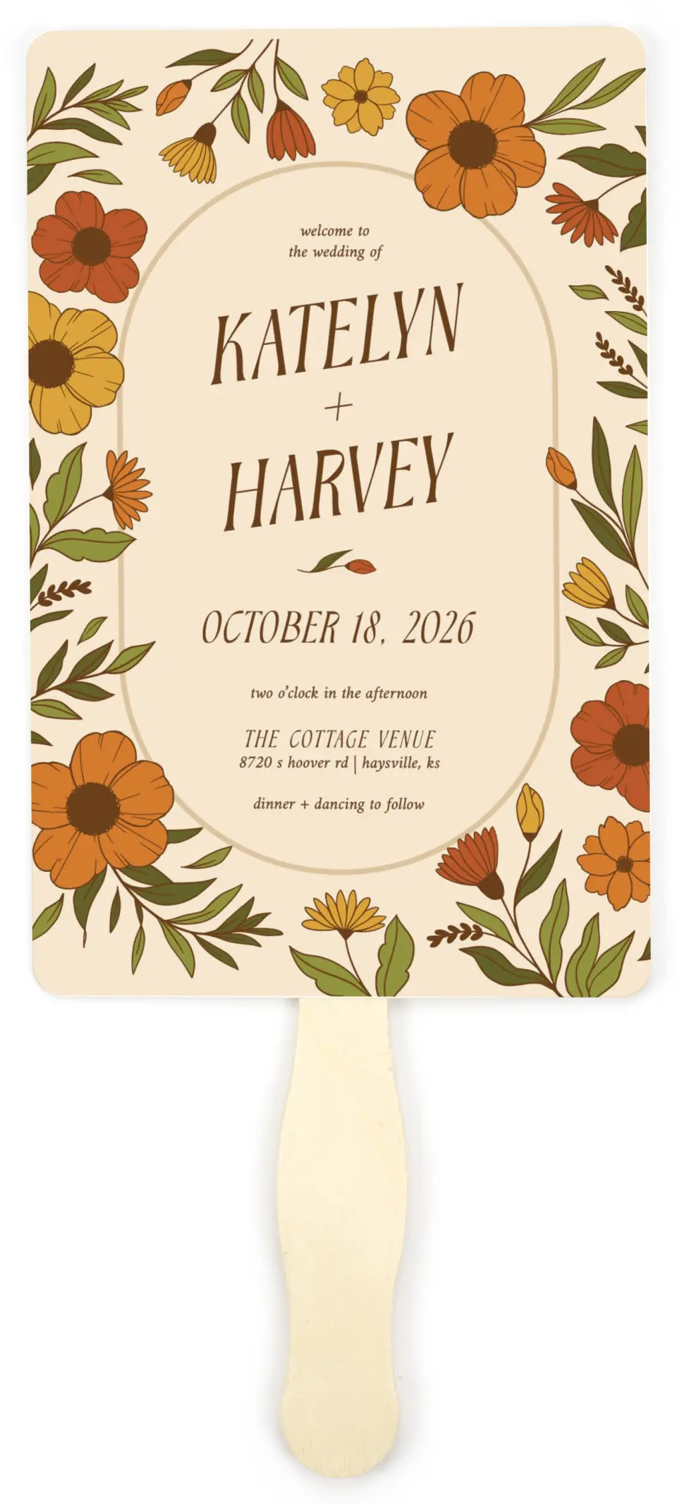 This is a 5" x 7⅞" Wedding Program Fan called Wild + Bright printed in full color on Premium Smooth paper