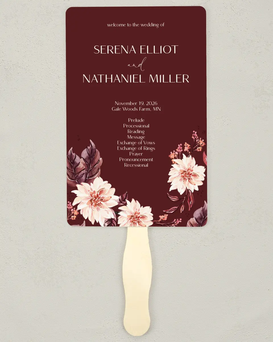 This is a 5" x 7⅞" Wedding Program Fan called Fall Florals printed in full color on Premium Smooth paper