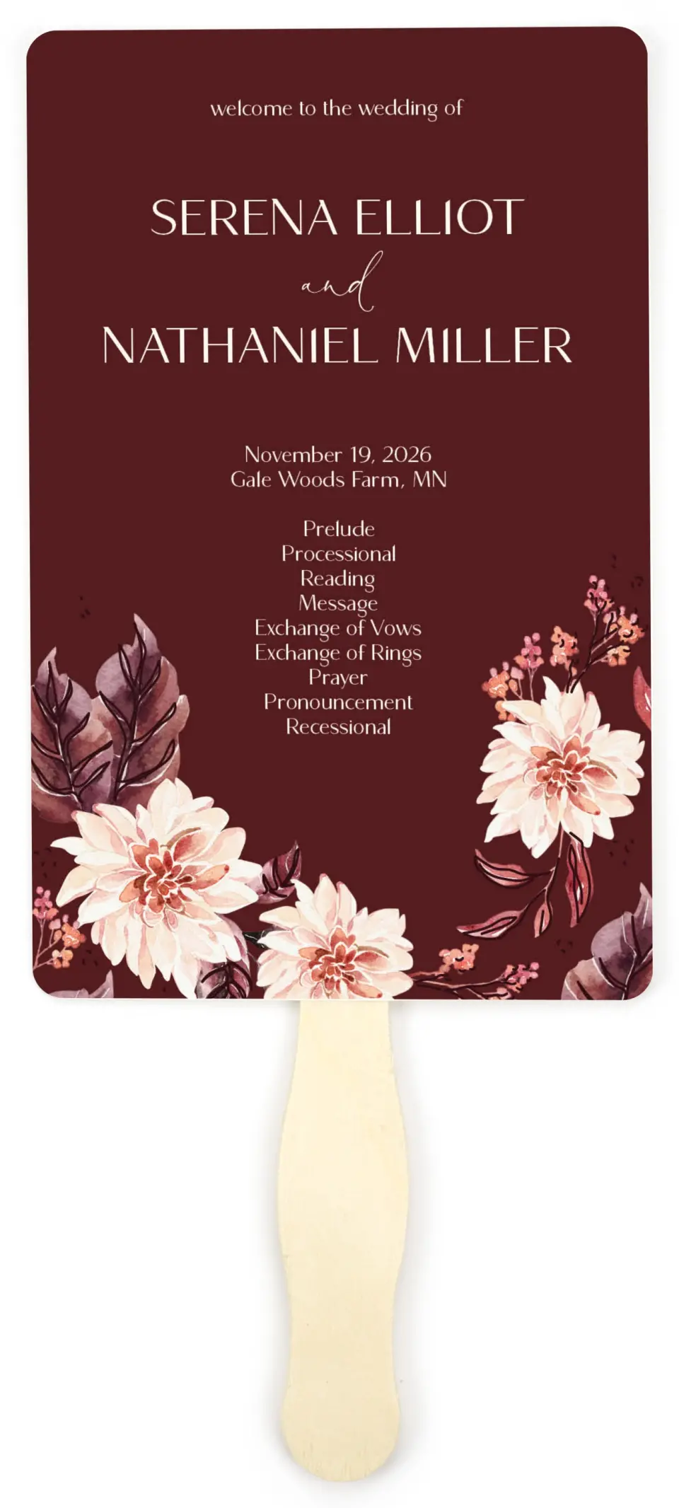 This is a 5" x 7⅞" Wedding Program Fan called Fall Florals printed in full color on Premium Smooth paper