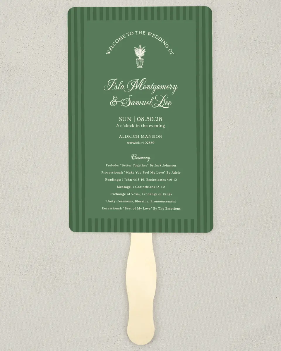 This is a 5" x 7⅞" Wedding Program Fan called Warwick printed in full color on Premium Smooth paper