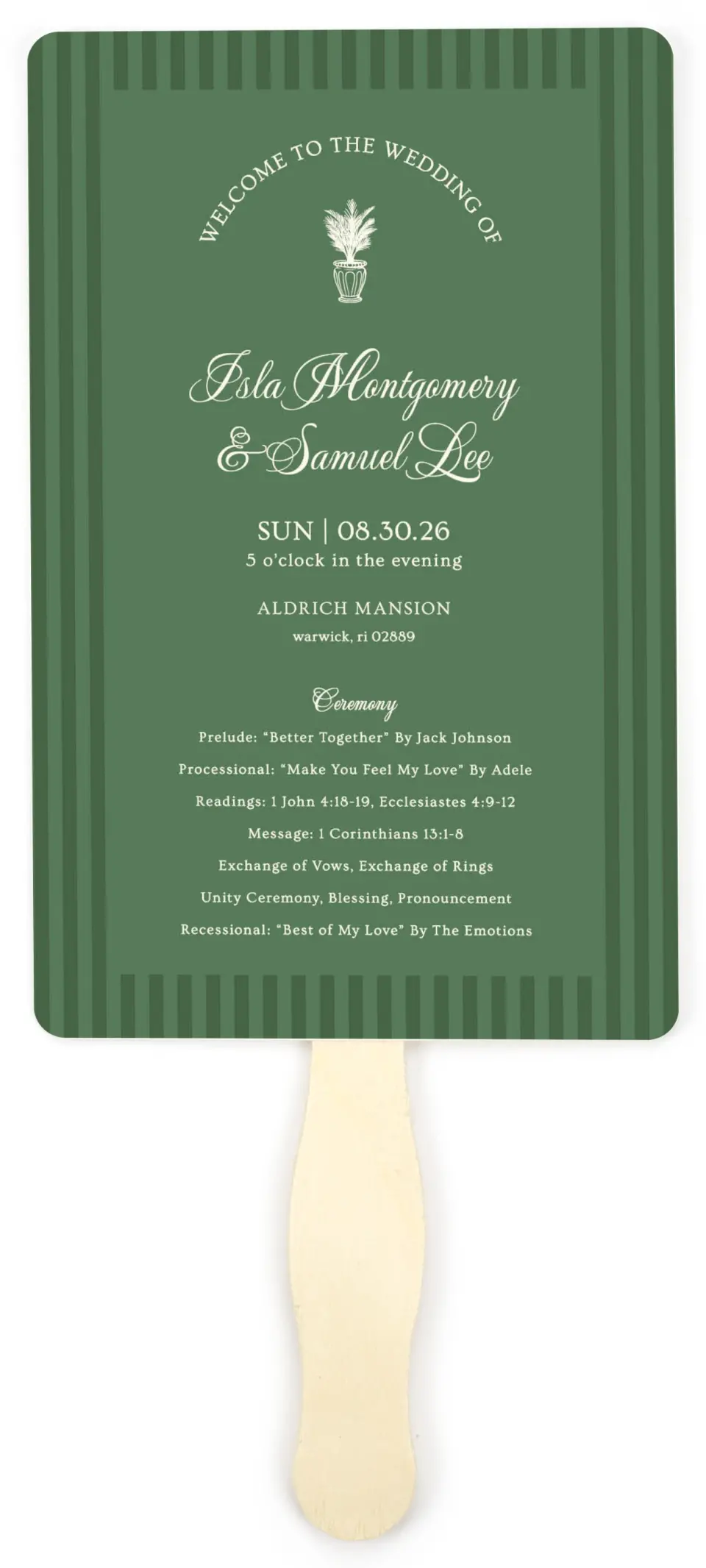 This is a 5" x 7⅞" Wedding Program Fan called Warwick printed in full color on Premium Smooth paper