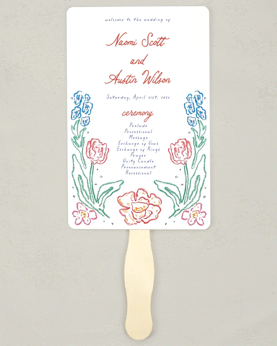 This is a 5" x 7⅞" Wedding Program Fan called Whimsy Love printed in full color on Premium Smooth paper