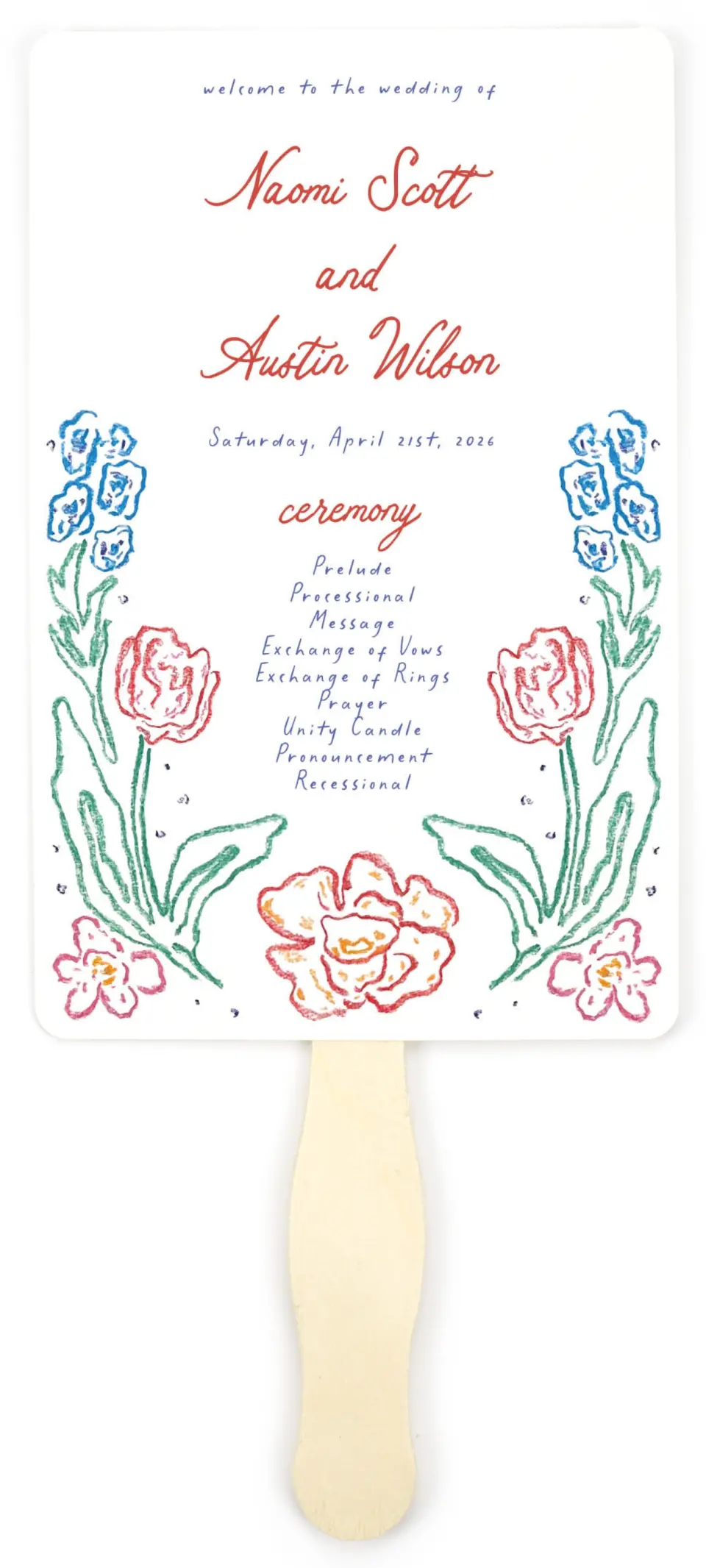 This is a 5" x 7⅞" Wedding Program Fan called Whimsy Love printed in full color on Premium Smooth paper