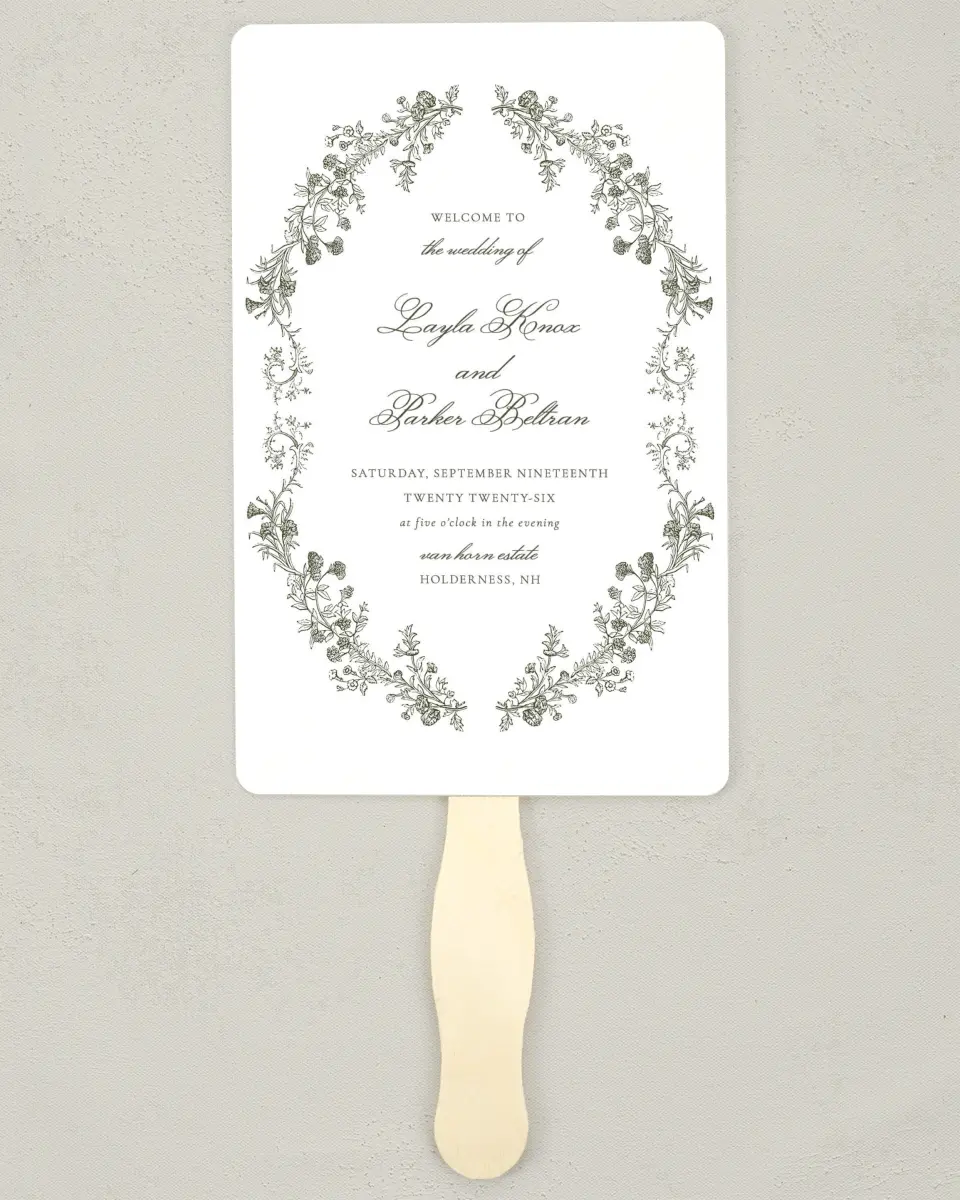 This is a 5" x 7⅞" Wedding Program Fan called Holderness printed in full color with Rose Gold foil on Luxe Satin (coated) paper