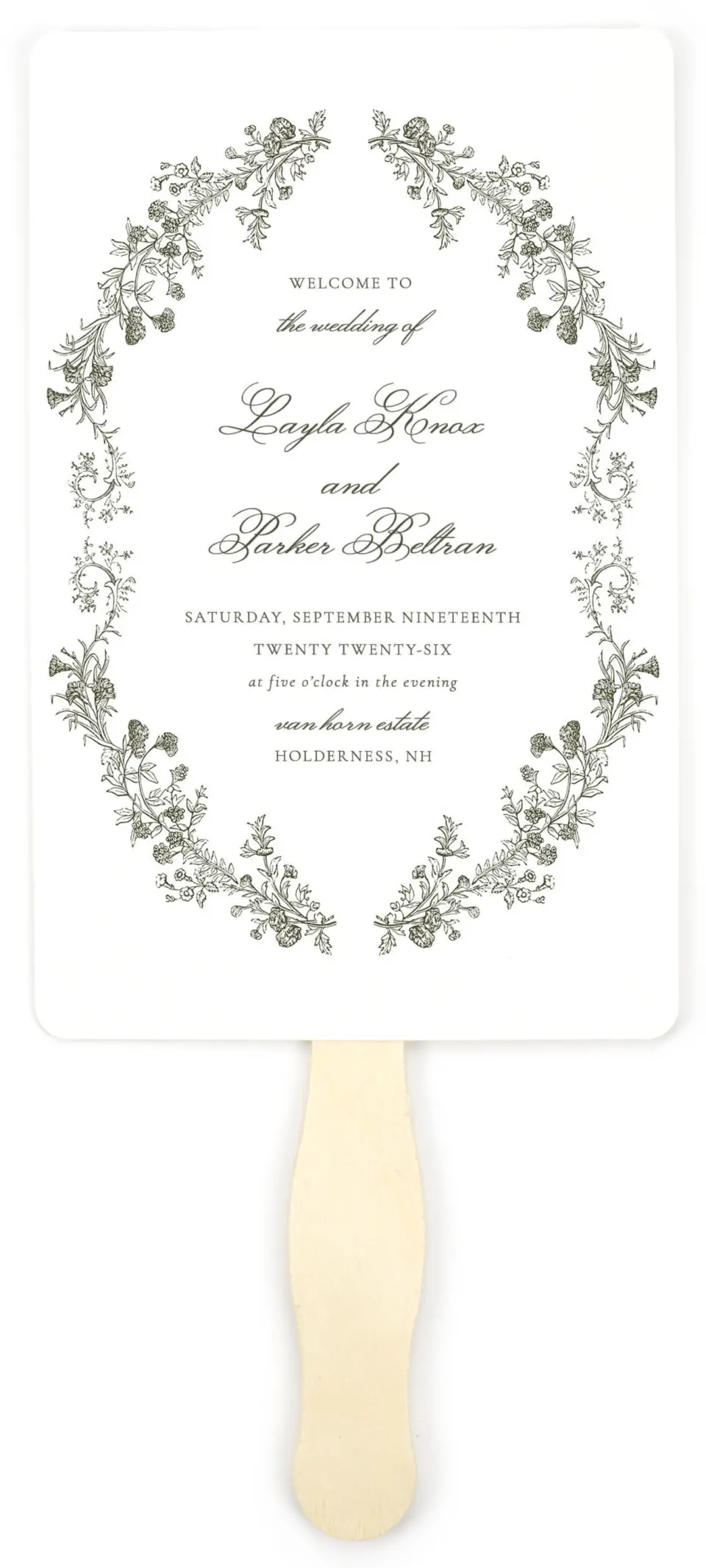 This is a 5" x 7⅞" Wedding Program Fan called Holderness printed in full color on Premium Smooth paper
