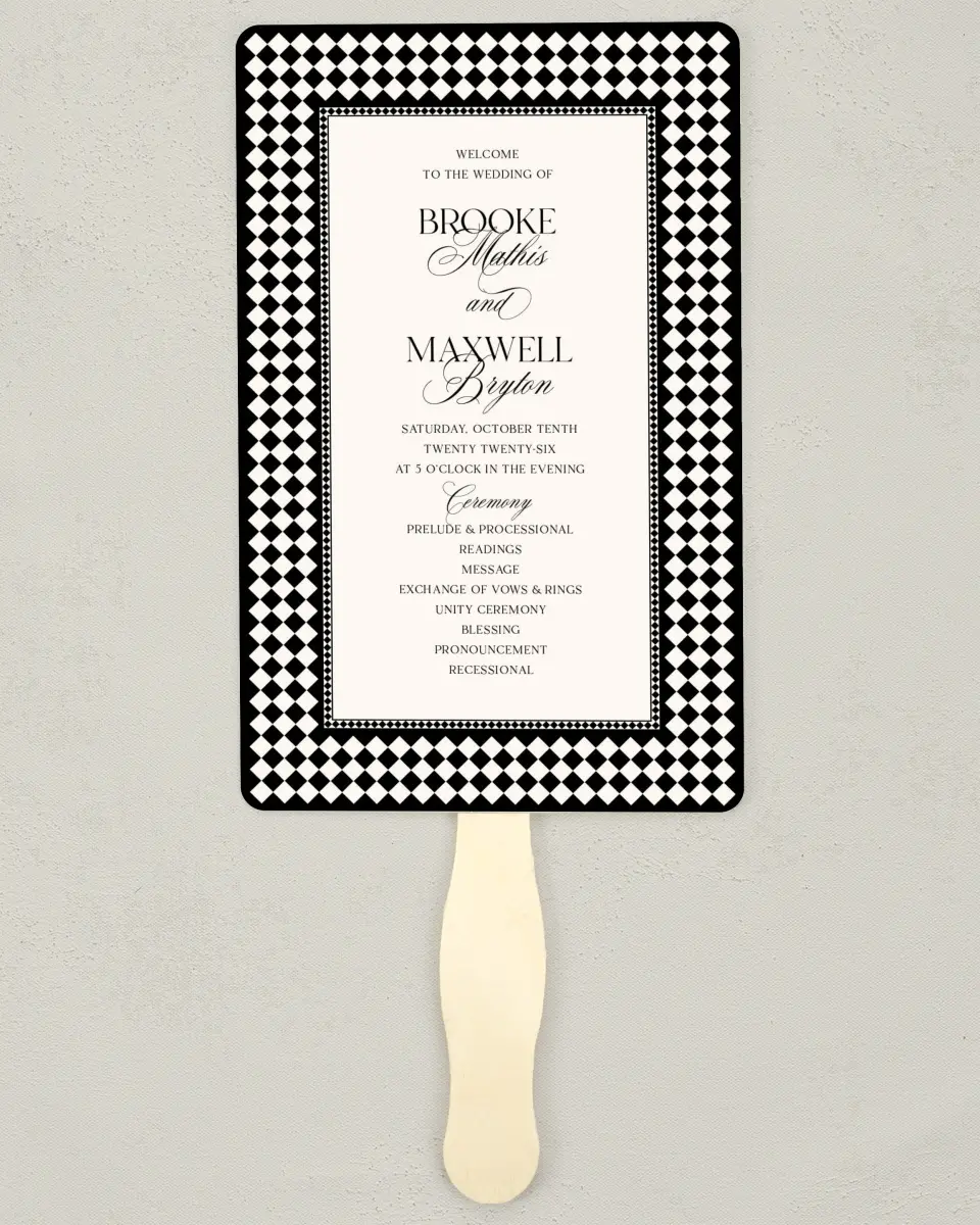 This is a 5" x 7⅞" Wedding Program Fan called Greenwich printed in full color with Rose Gold foil on Luxe Satin (coated) paper