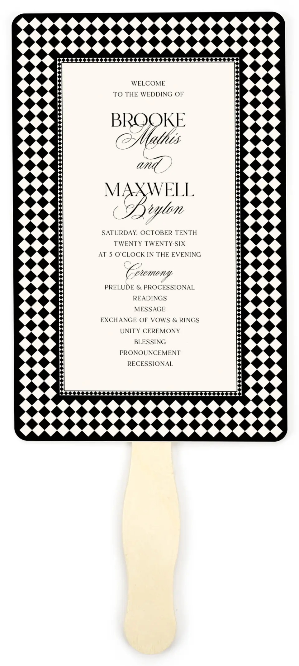 This is a 5" x 7⅞" Wedding Program Fan called Greenwich printed in full color on Premium Smooth paper