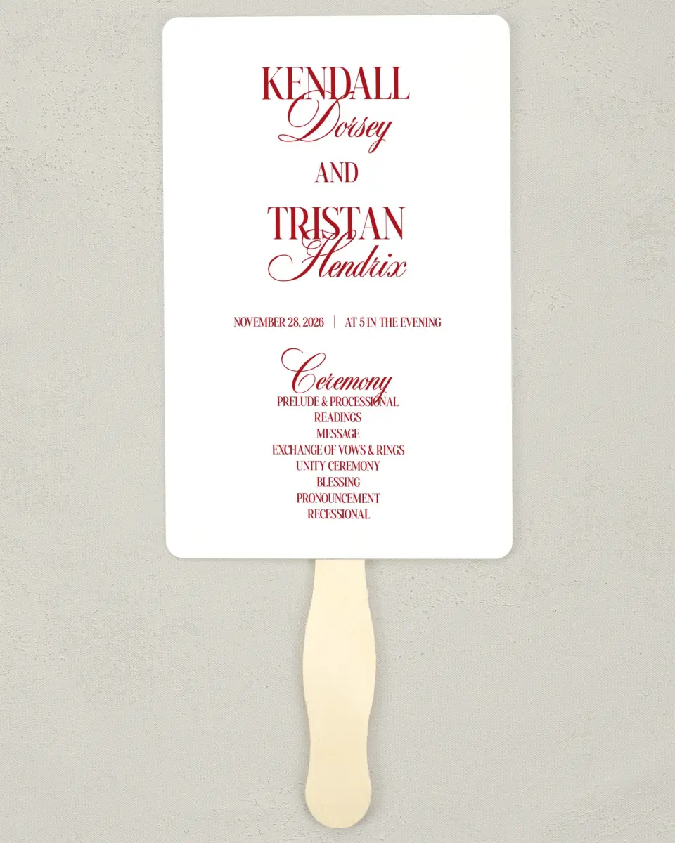 This is a 5" x 7⅞" Wedding Program Fan called Montecito printed in full color on Premium Smooth paper
