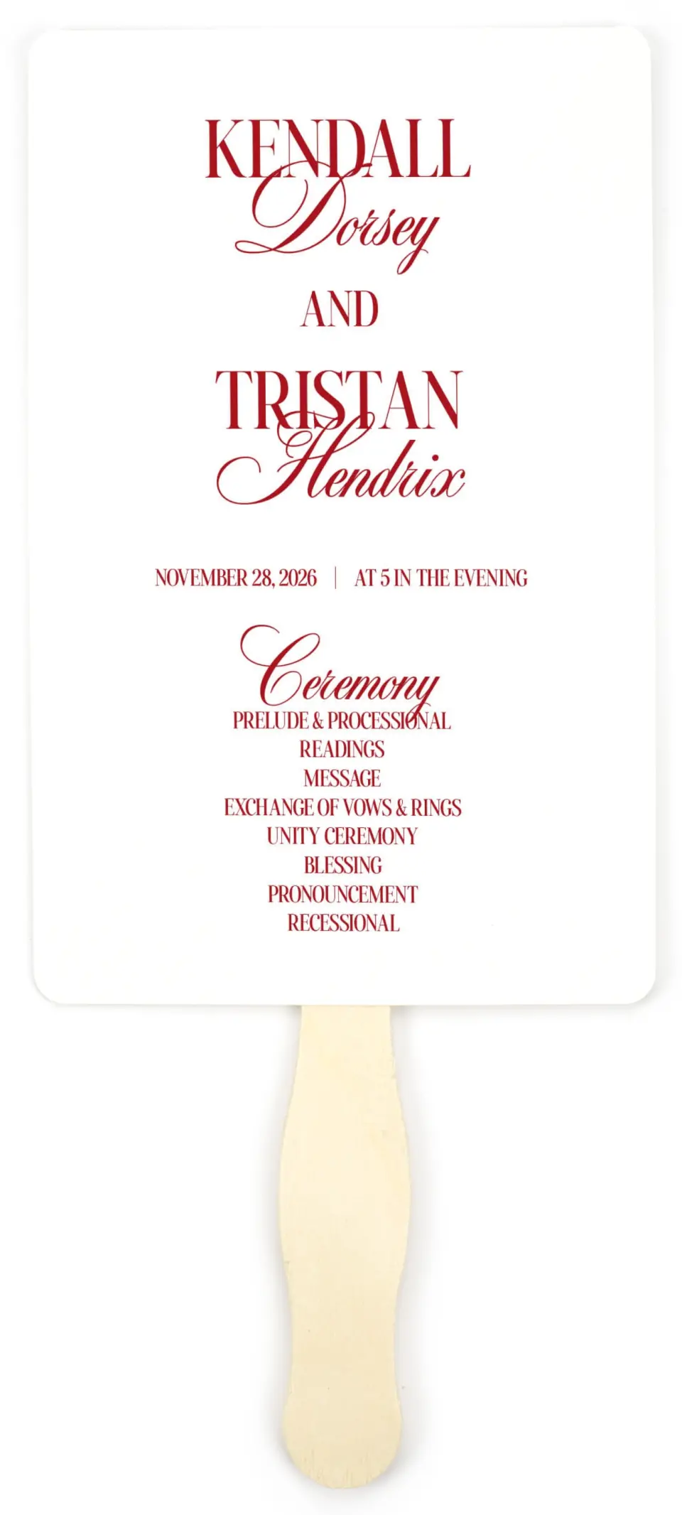 This is a 5" x 7⅞" Wedding Program Fan called Montecito printed in full color on Premium Smooth paper