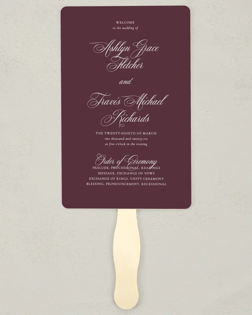 This is a 5" x 7⅞" Wedding Program Fan called Georgetown printed in full color on Premium Smooth paper