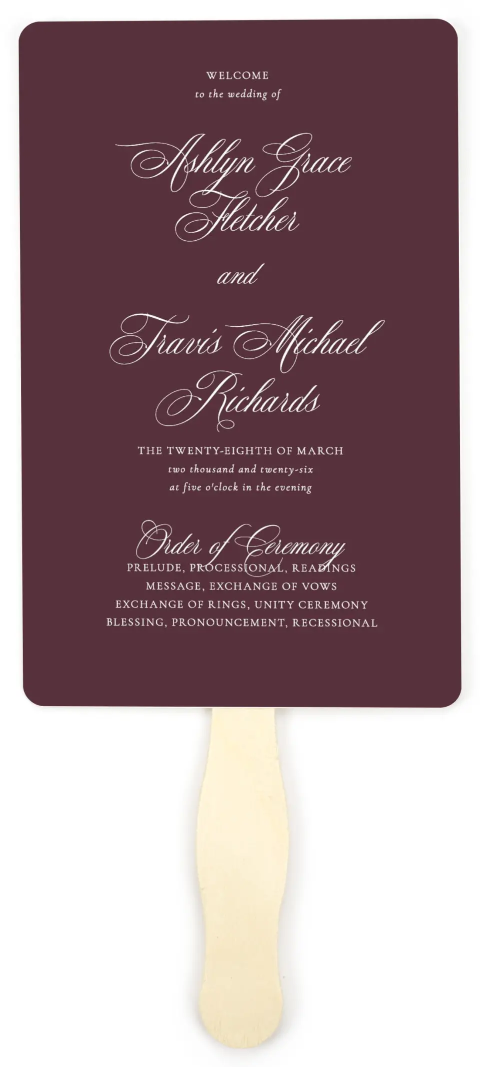 This is a 5" x 7⅞" Wedding Program Fan called Georgetown printed in full color on Premium Smooth paper