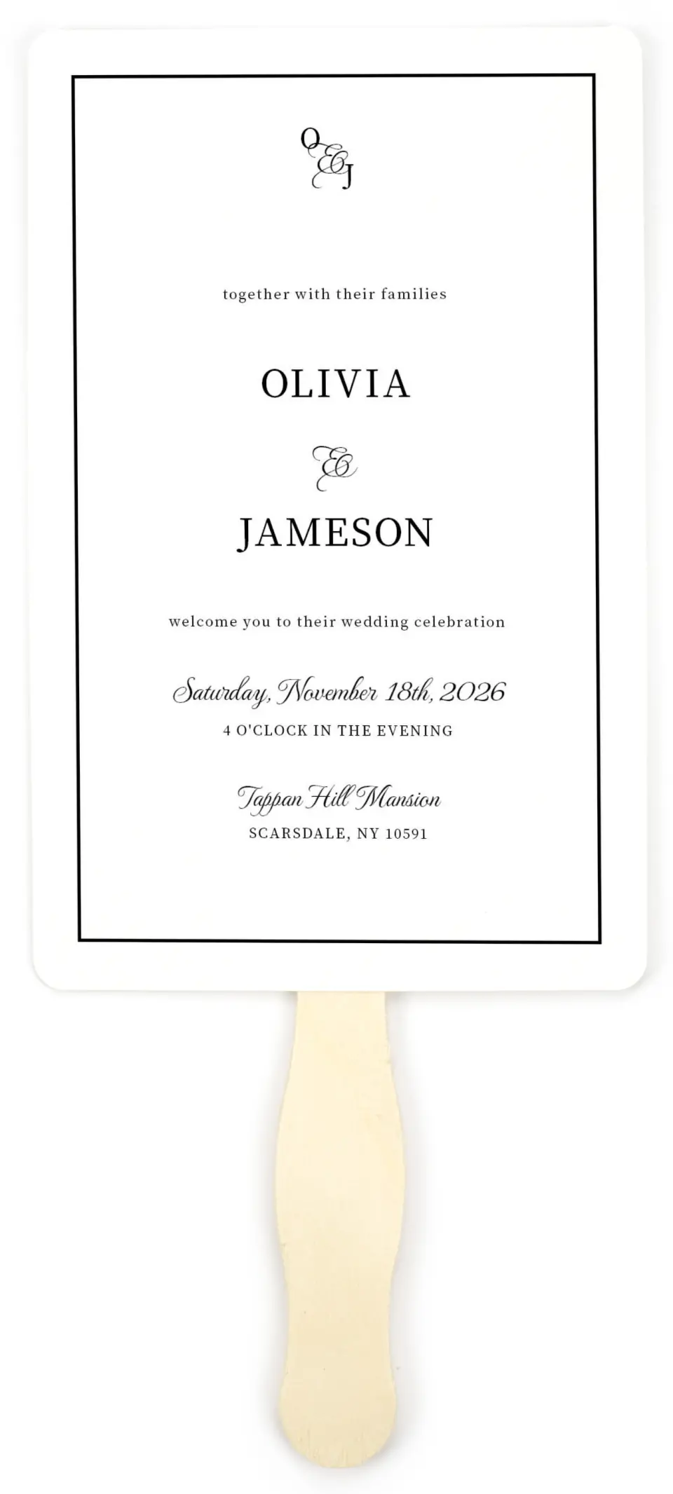 This is a 5" x 7⅞" Wedding Program Fan called Scarsdale printed in full color on Premium Smooth paper