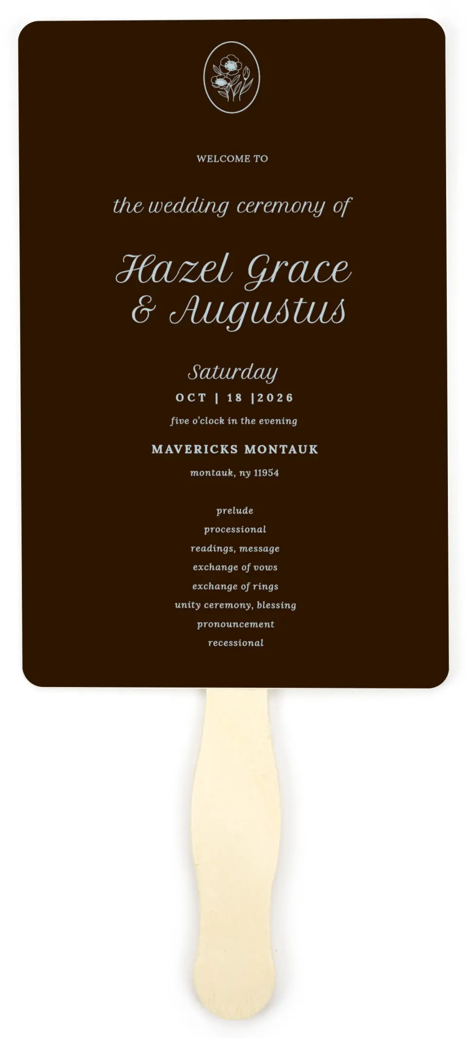 This is a 5" x 7⅞" Wedding Program Fan called Montauk printed in full color on Premium Smooth paper