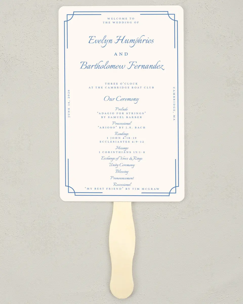 This is a 5" x 7⅞" Wedding Program Fan called Cambridge printed in full color on Premium Smooth paper