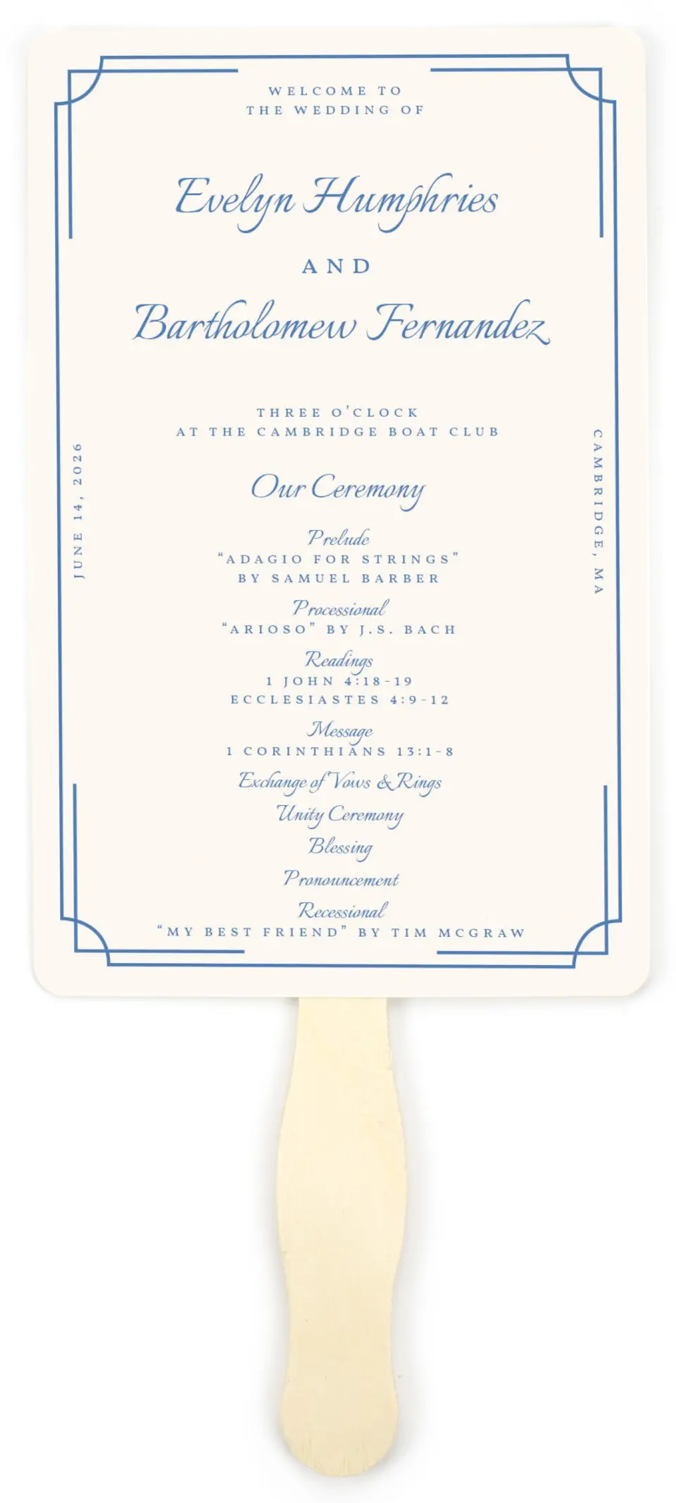 This is a 5" x 7⅞" Wedding Program Fan called Cambridge printed in full color on Premium Smooth paper