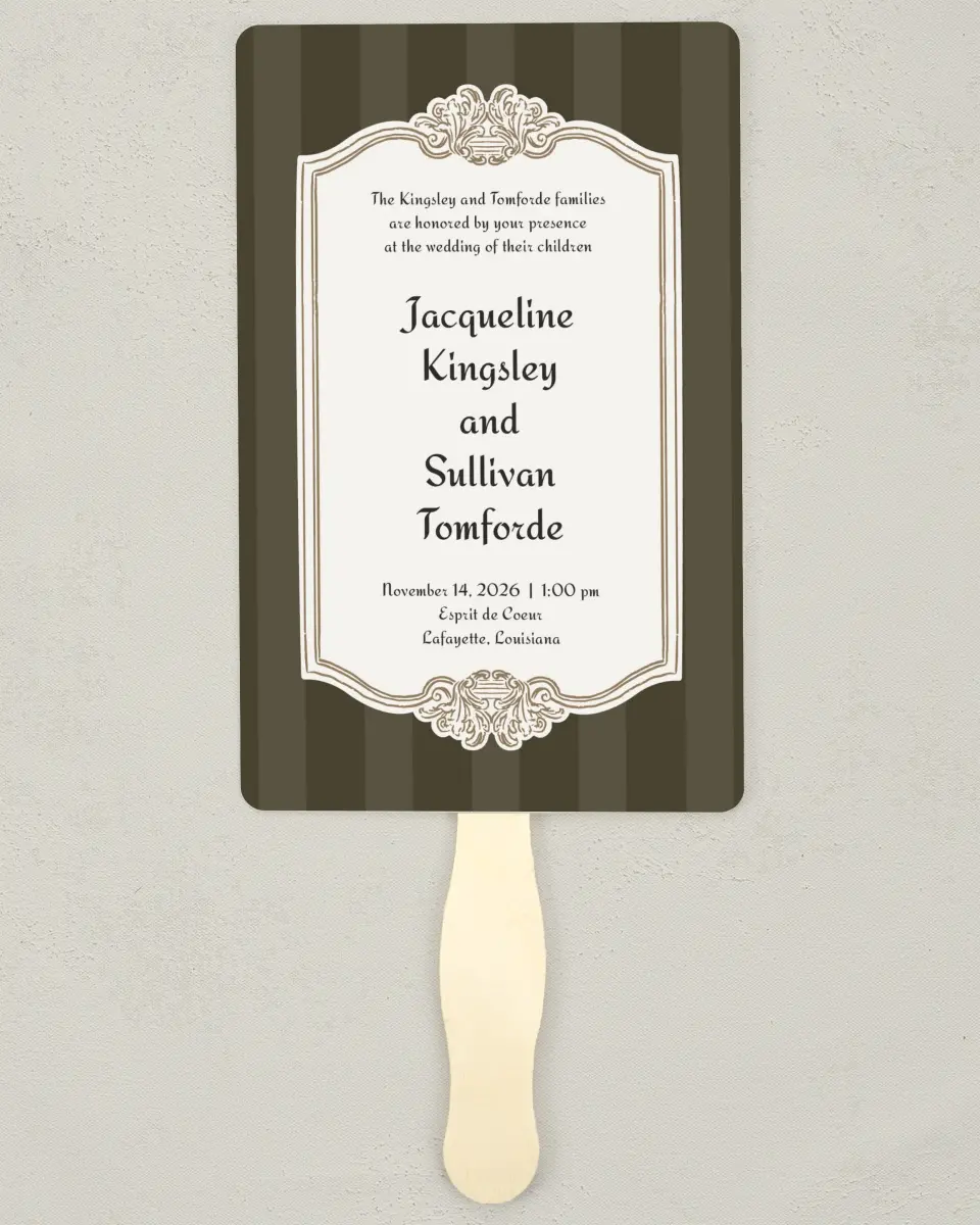This is a 5" x 7⅞" Wedding Program Fan called Lafayette printed in full color on Premium Smooth paper