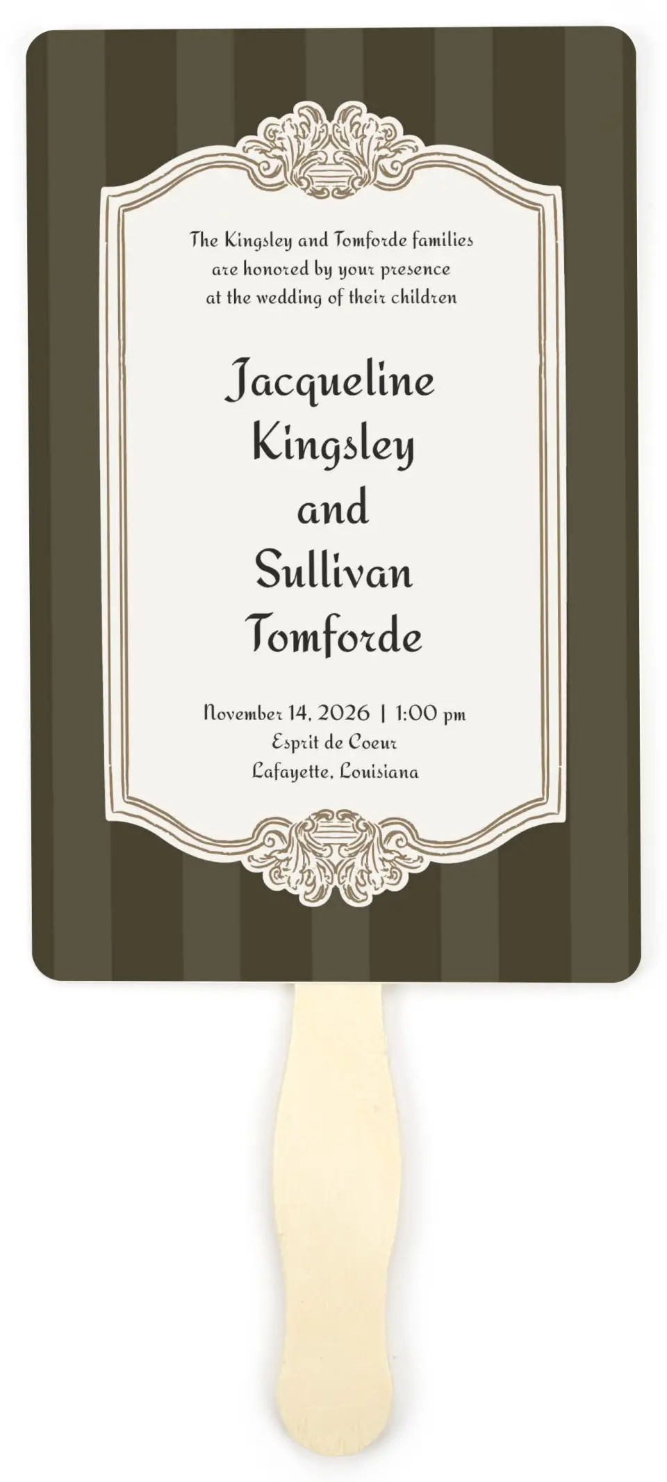 This is a 5" x 7⅞" Wedding Program Fan called Lafayette printed in full color on Premium Smooth paper