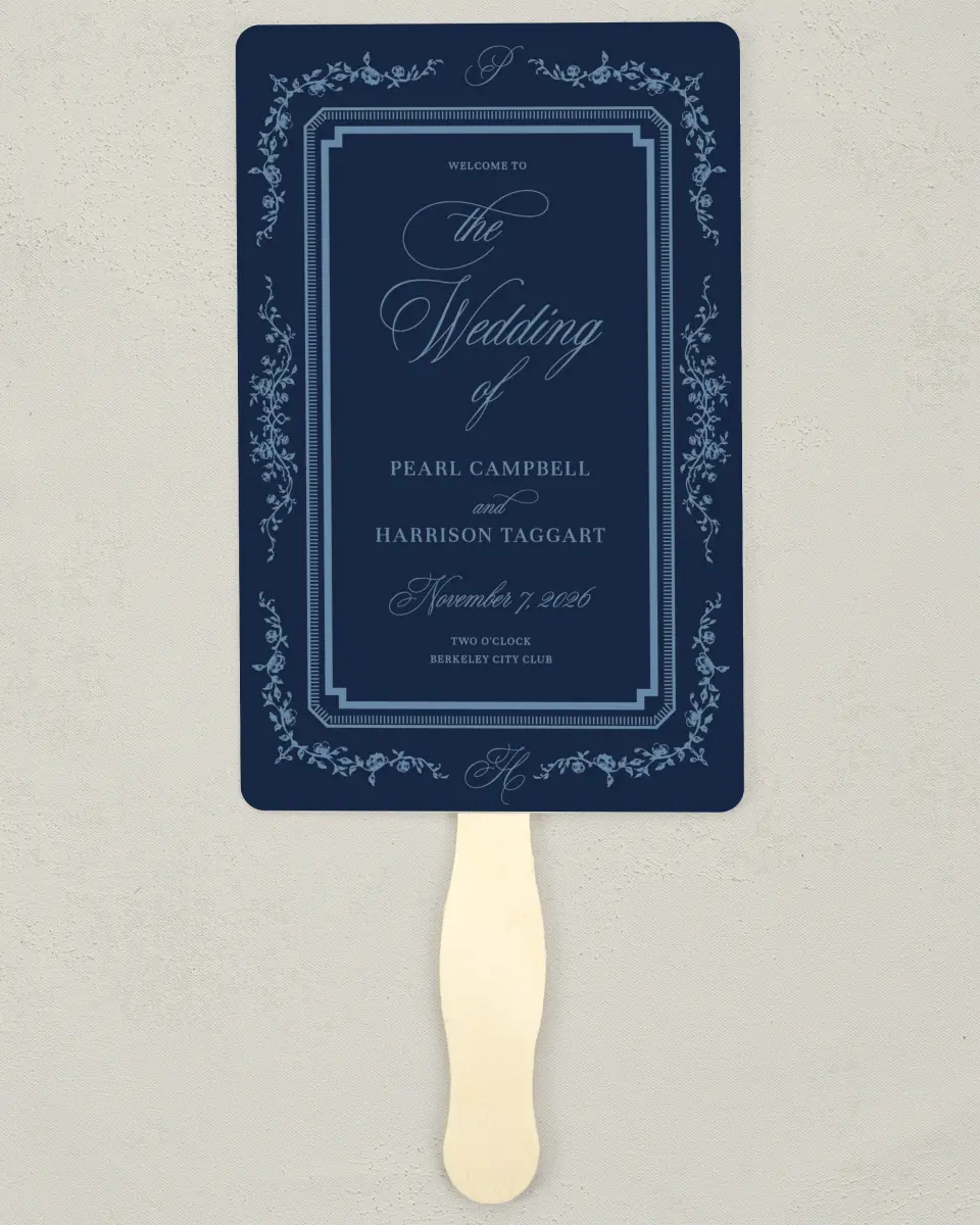 This is a 5" x 7⅞" Wedding Program Fan called Berkeley printed in full color with Gold foil on Luxe Satin (coated) paper