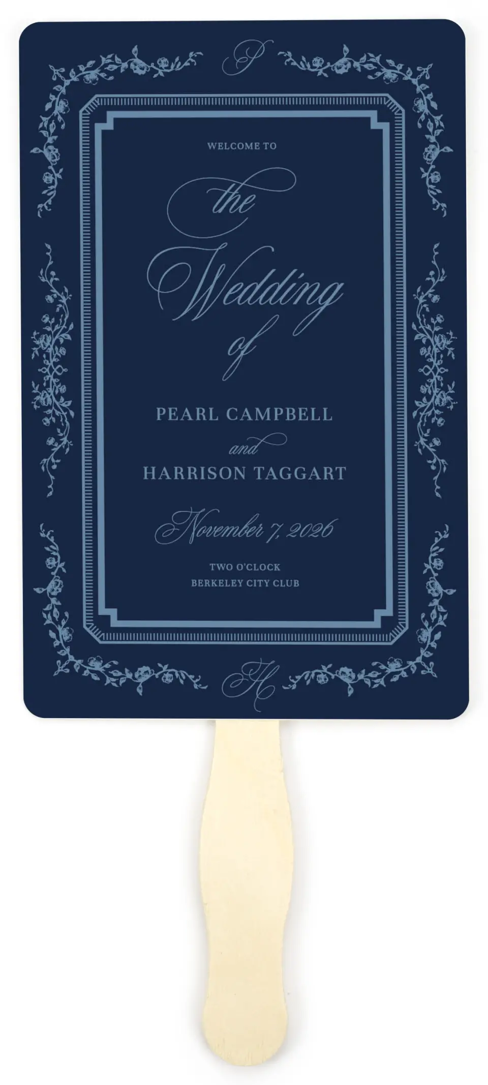 This is a 5" x 7⅞" Wedding Program Fan called Berkeley printed in full color on Premium Smooth paper
