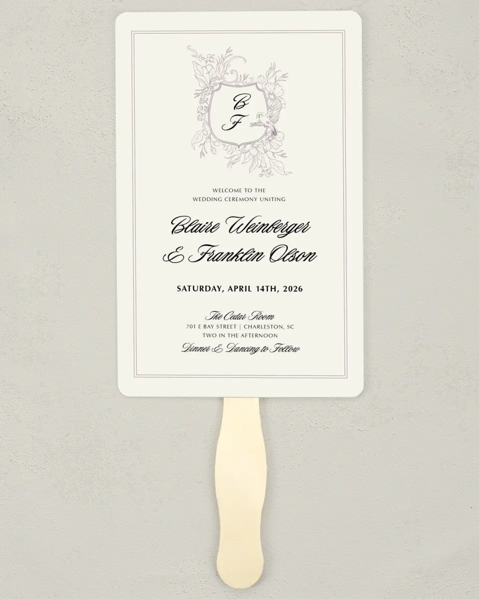 This is a 5" x 7⅞" Wedding Program Fan called Charleston printed in full color on Premium Smooth paper