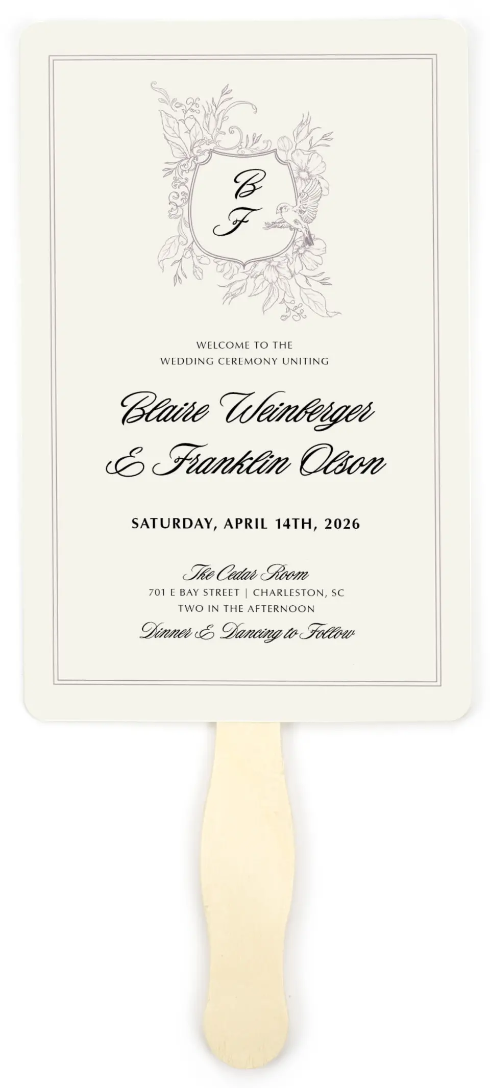 This is a 5" x 7⅞" Wedding Program Fan called Charleston printed in full color on Premium Smooth paper