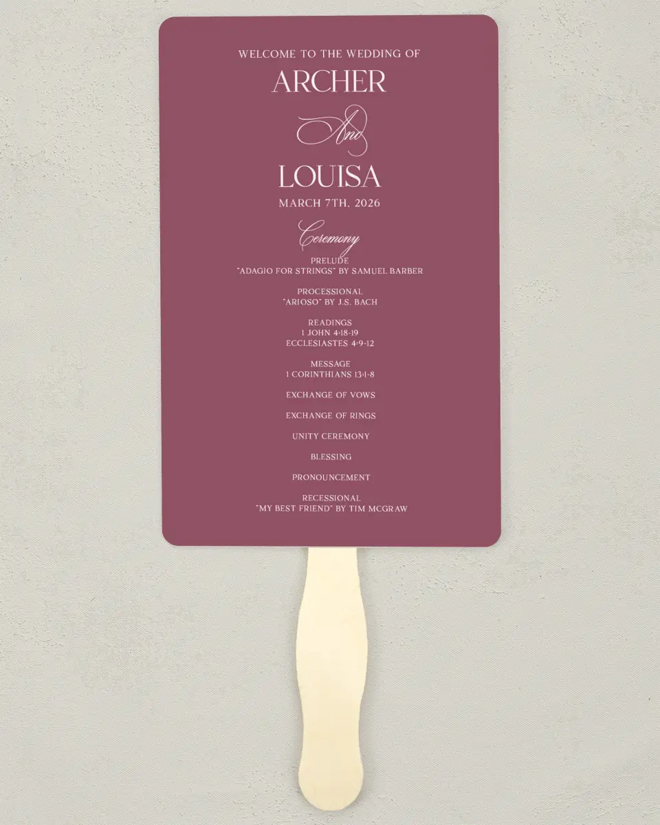 This is a 5" x 7⅞" Wedding Program Fan called Roswell printed in full color on Premium Smooth paper
