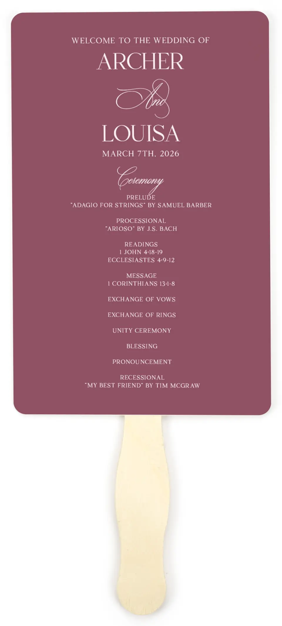 This is a 5" x 7⅞" Wedding Program Fan called Roswell printed in full color on Premium Smooth paper