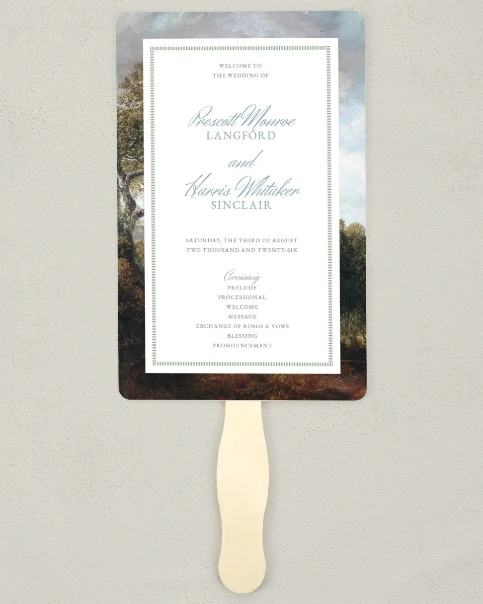 This is a 5" x 7⅞" Wedding Program Fan called Watch Hill printed in full color on Premium Smooth paper