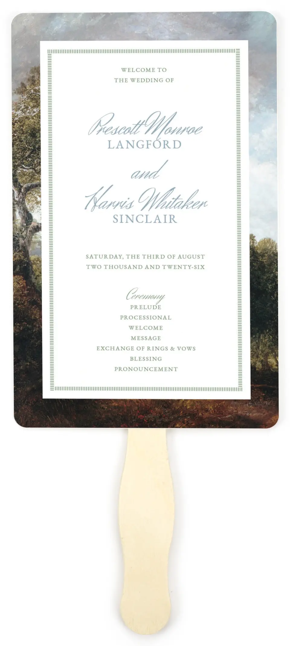 This is a 5" x 7⅞" Wedding Program Fan called Watch Hill printed in full color on Premium Smooth paper