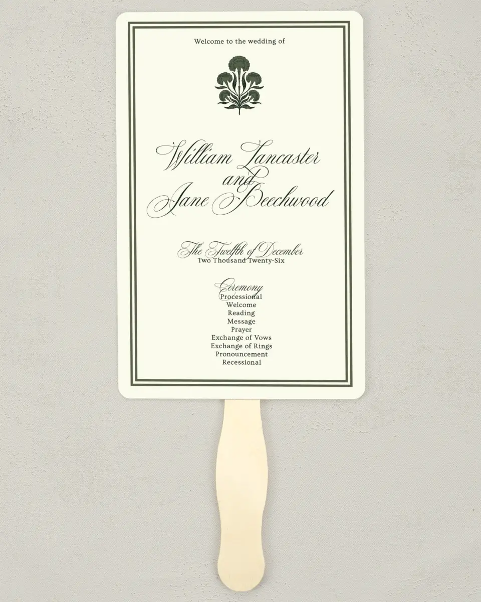 This is a 5" x 7⅞" Wedding Program Fan called Hillsborough printed in full color on Premium Smooth paper