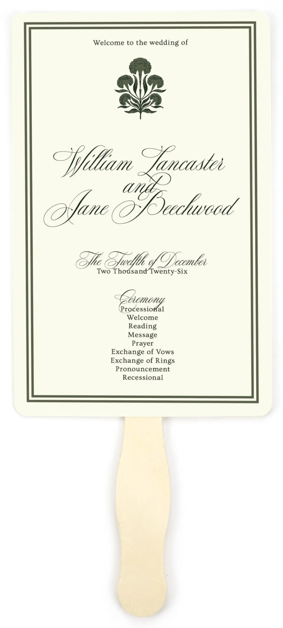 This is a 5" x 7⅞" Wedding Program Fan called Hillsborough printed in full color on Premium Smooth paper