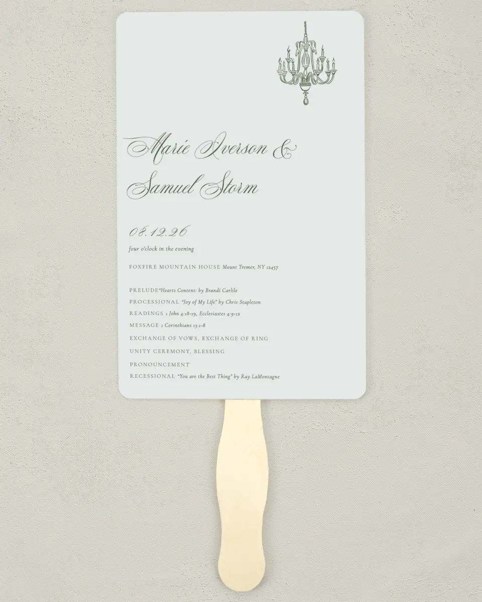 This is a 5" x 7⅞" Wedding Program Fan called Foxfire printed in full color with Silver foil on Luxe Satin (coated) paper